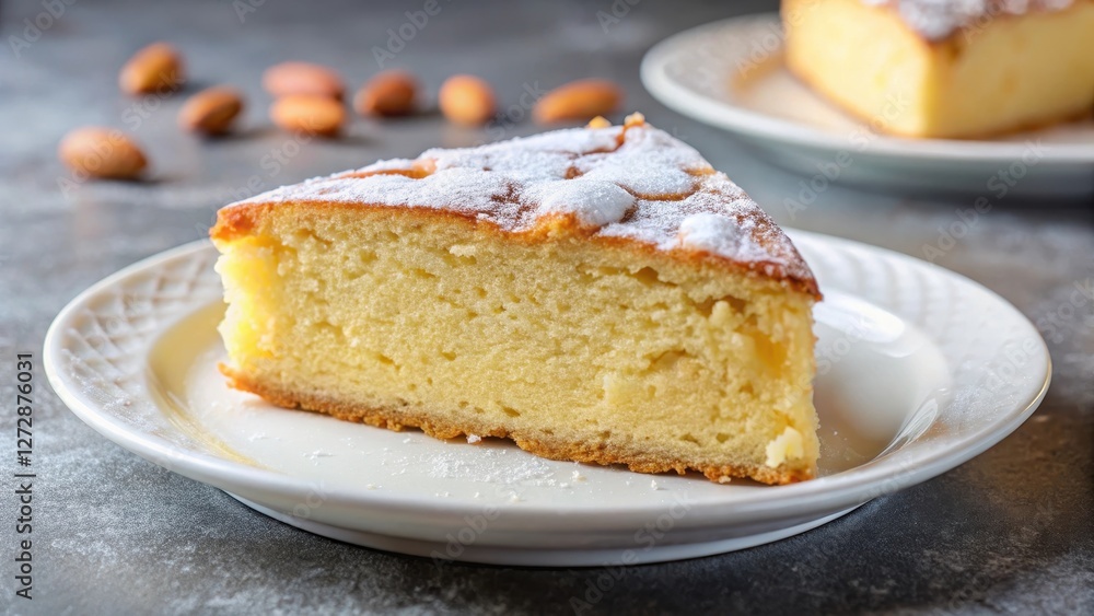 Moist almond cake slice on a white plate with a sprinkle of powdered sugar, snack, baking, snack, baking, dessert Moist almond cake slice on a white plate with a sprinkle of powdered sugar, snack, baking, snack, baking, dessert