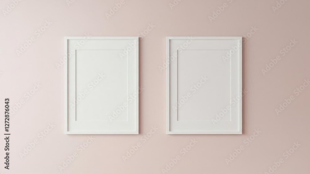Minimalist white frames on a soft pink wall, ideal for artwork. Minimalist white frames on a soft pink wall, ideal for artwork.