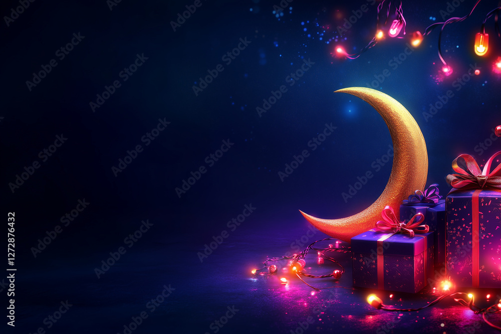 Naklejka premium Vector 3D Eid celebration scene with a crescent moon, gift boxes, and shimmering lights with copy space. 