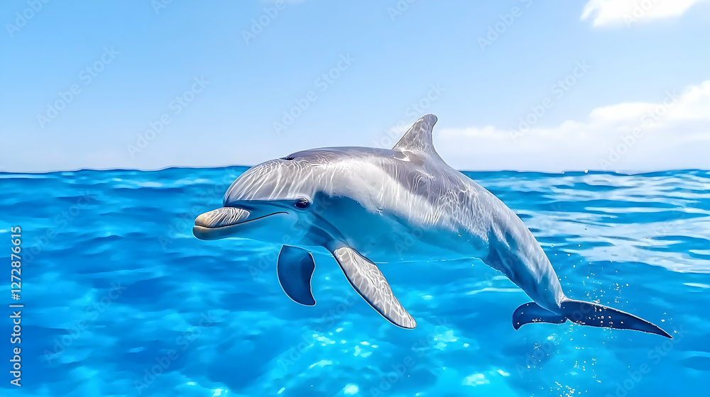 Fototapeta premium Dolphin leaping ocean turquoise water sunny day