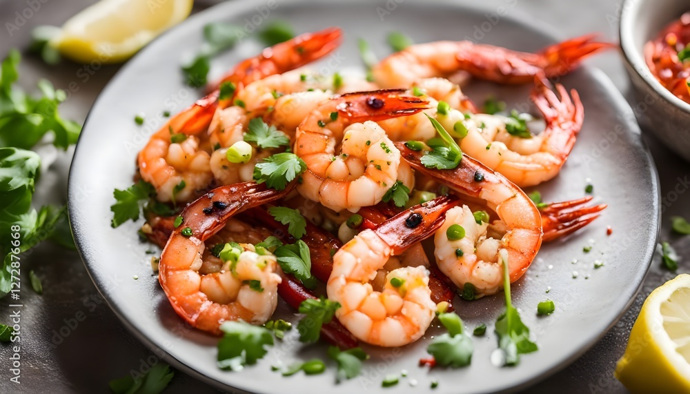 Spicy garlic chilli Prawns Shrimps with lemon and cilantro Spicy garlic chilli Prawns Shrimps with lemon and cilantro