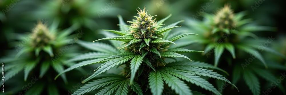 Close-up of vibrant cannabis plants, showcasing their lush foliage and budding flowers, ideal for use in herbal medicine, wellness, and agricultural marketing. Close-up of vibrant cannabis plants, showcasing their lush foliage and budding flowers, ideal for use in herbal medicine, wellness, and agricultural marketing.