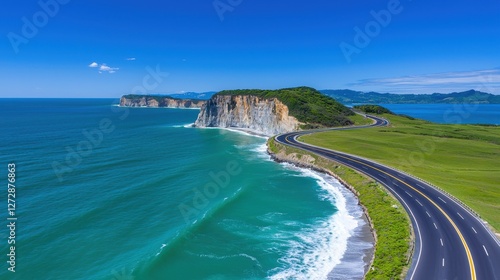 Scenic coastal highway winds along cliffs above vibrant turquoise ocean