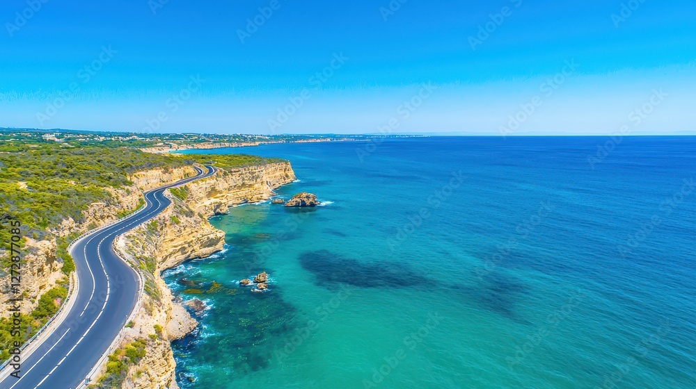 Scenic coastal highway winds along rocky cliffs by turquoise sea Scenic coastal highway winds along rocky cliffs by turquoise sea