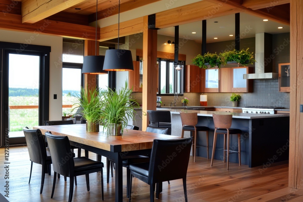 Fototapeta premium Inviting modern kitchen and dining area with natural wood accents and black pendant lights creating a warm and stylish atmosphere perfect for family gatherings