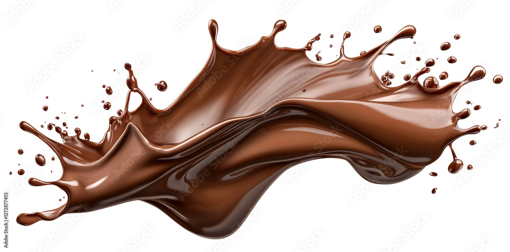 Hot chocolate splash captured in motion against a White background highlighting rich texture and flavor elements Hot chocolate splash captured in motion against a White background highlighting rich texture and flavor elements