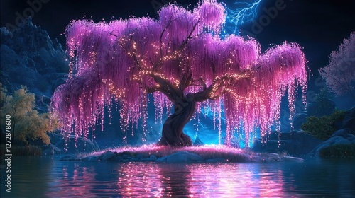 A beautiful pink and purple willow tree with glowing lights. In the background is an island with water that has blue glowing lights coming from it.