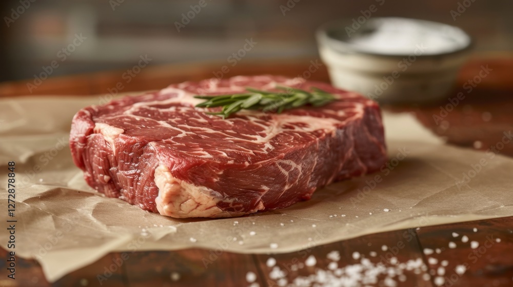 Fresh Raw Marbled Beef Steak with Herbs and Sea Salt on Cutting Board Fresh Raw Marbled Beef Steak with Herbs and Sea Salt on Cutting Board