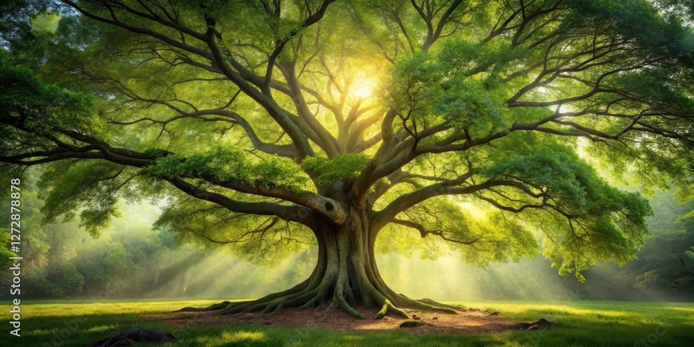 Fototapeta premium Ancient tree in warm light, green , earthy, green , earthy, forest, peaceful, sunlight, outdoor, blurred background