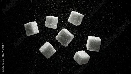 Floating sugar cubes on a dark background, emphasizing culinary uses.