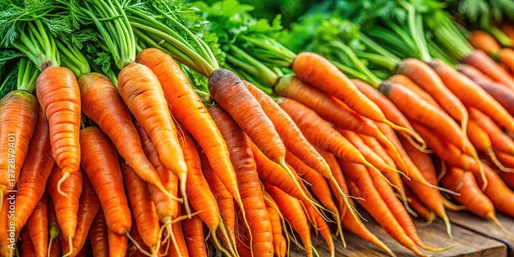 Freshly harvested carrots in a farmer's market stall, with vibrant orange color and green leafy tops, produce, carrots Freshly harvested carrots in a farmer's market stall, with vibrant orange color and green leafy tops, produce, carrots