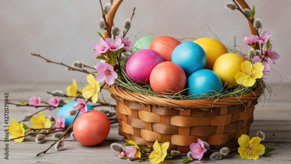 Colorful Easter eggs in a basket with spring flowers and decor. Colorful Easter eggs in a basket with spring flowers and decor.