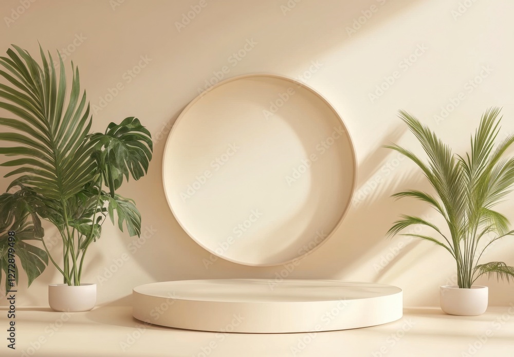 Serene Minimalist Background with Plants and Circular Display Stage Serene Minimalist Background with Plants and Circular Display Stage