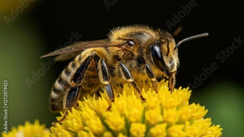 A close-up of a bee on a vibrant yellow flower.