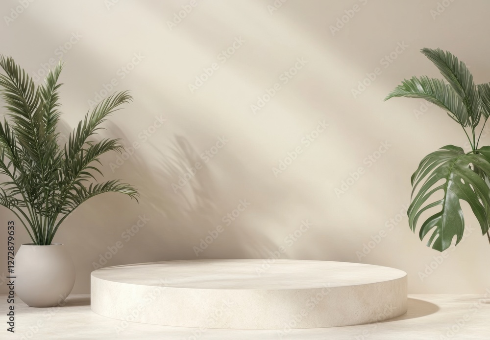 White Circular Platform Surrounded by Green Plants in Soft Light White Circular Platform Surrounded by Green Plants in Soft Light