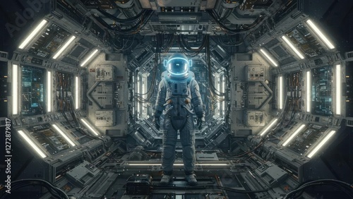 Fototapeta Naklejka Na Ścianę i Meble -  An astronaut in a futuristic space station corridor.