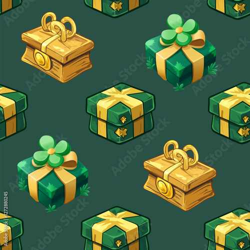 Seamless lucky clover and gold treasure pattern. Hand-drawn St. Patrick’s Day clover and gold box design. Green and gold shamrock-themed seamless background