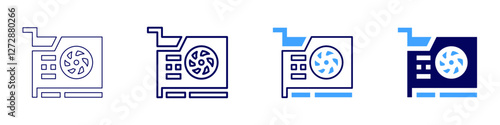 Video card device icon in 4 different styles. Thin Line, Line, Bold Line, Duotone. Duotone style. Editable stroke