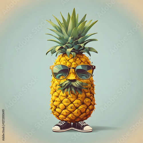 A fun and quirky illustration of a hipster pineapple wearing trendy glasses, representing culinary adventures and wanderlust.