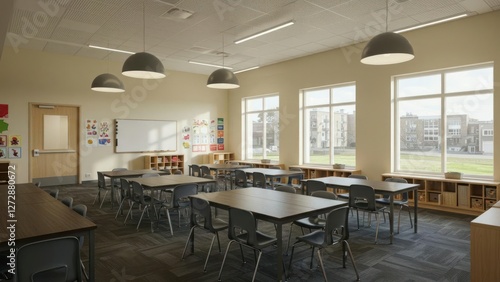 Modern classroom interior designed for collaborative learning.