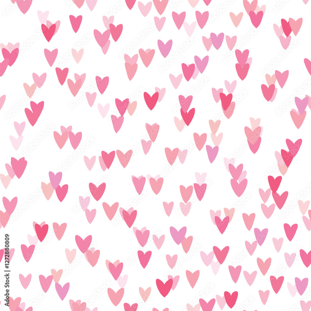 Seamless pattern with pink hearts. Template holiday vector illustration. Design for card, postcard, poster, print, banner. Cartoon colorful hearts on white background. Seamless pattern with pink hearts. Template holiday vector illustration. Design for card, postcard, poster, print, banner. Cartoon colorful hearts on white background.