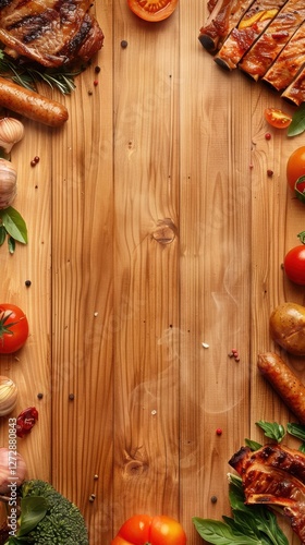 Grilled delights and fresh ingredients on rustic wooden background
