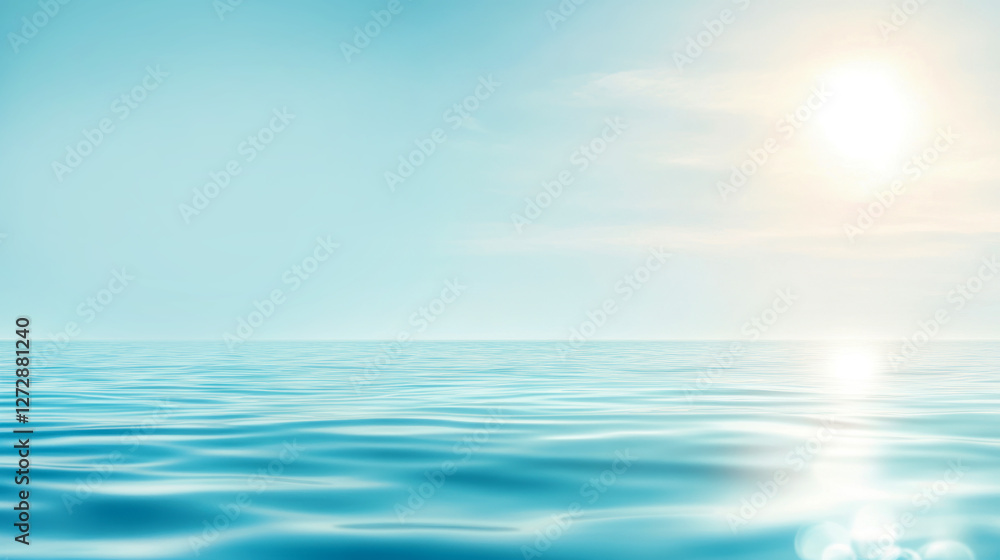 Obraz premium Serene ocean horizon with tranquil sunlit sky and gentle waves in calming blue tones