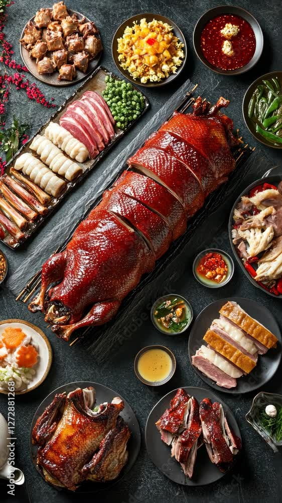 Delicious array of roasted duck and traditional dishes displayed on a festive table setting Delicious array of roasted duck and traditional dishes displayed on a festive table setting