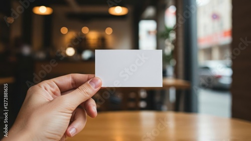 A hand holding a blank card in a cozy cafe setting.