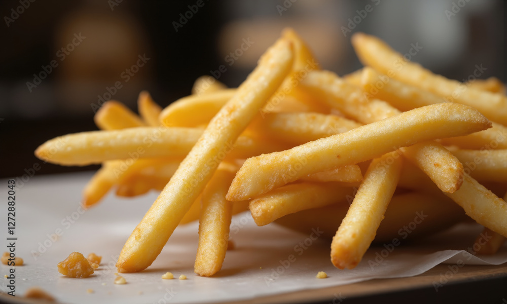 Macro photography of fresh, golden french fries, their crispy texture captured in sharp focus with HDR lighting. The surface of Macro photography of fresh, golden french fries, their crispy texture captured in sharp focus with HDR lighting. The surface of