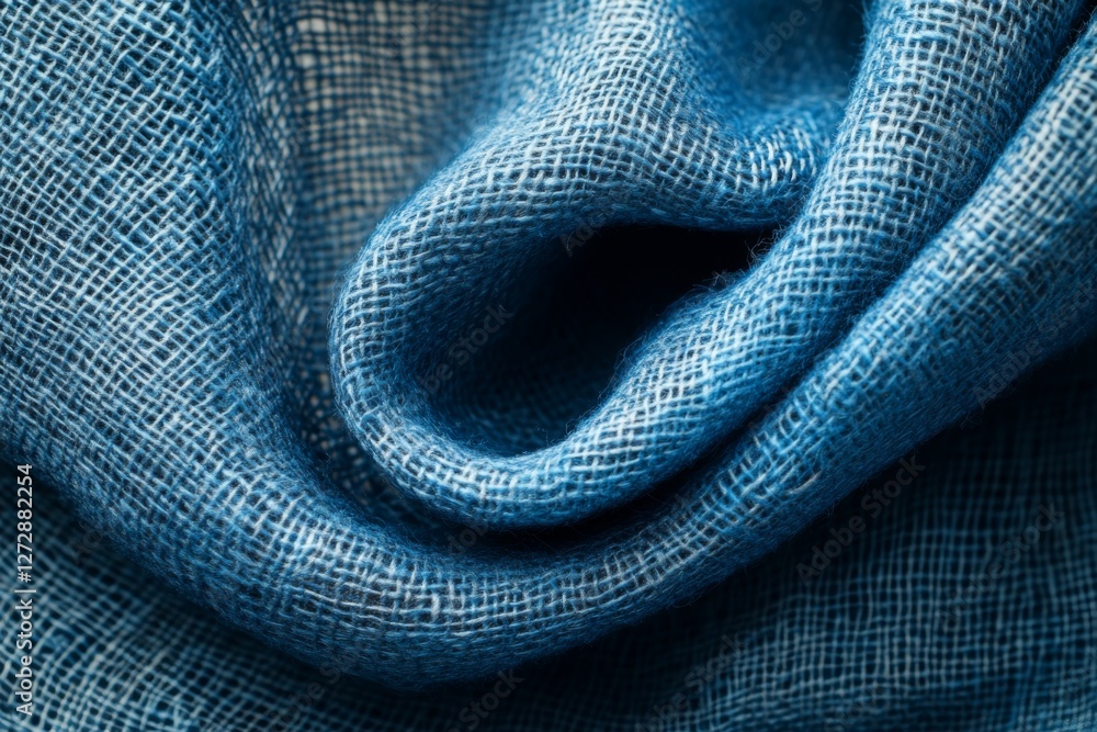 Fototapeta premium Textured Blue Linen Fabric Close up Detail Draped Swirl Woven Textile Background