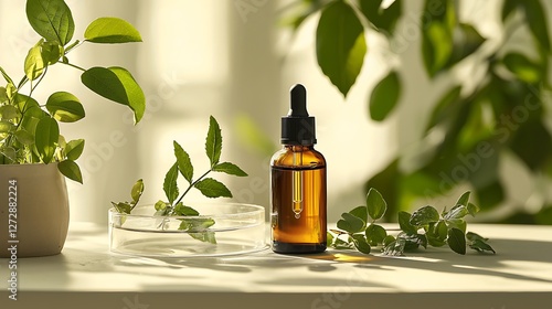 Amber bottle essential oil, sunlight, plants, wellness, spa, product shot