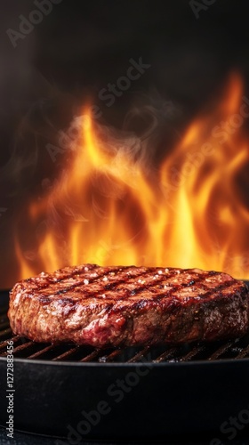 A juicy steak sizzling over an open flame, showcasing perfect grill marks and surrounded by vibrant flames, creating a mouthwatering barbecue scene.