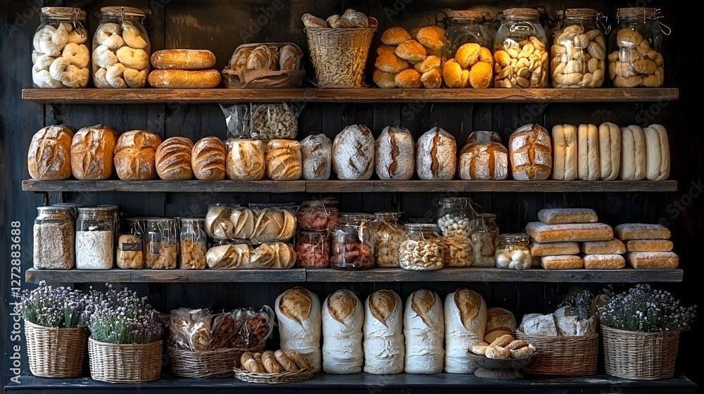 Bakery shelves stocked with various breads, pastries, and jars. Display in dark wooden store. Possible use showcasing bakery products Bakery shelves stocked with various breads, pastries, and jars. Display in dark wooden store. Possible use showcasing bakery products