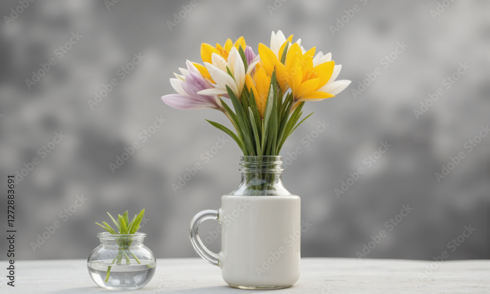 Fototapeta premium Crocuses (Crocus) small, elegant vase with water tinted light violet, holding a neat bundle of crocus flowers in shades