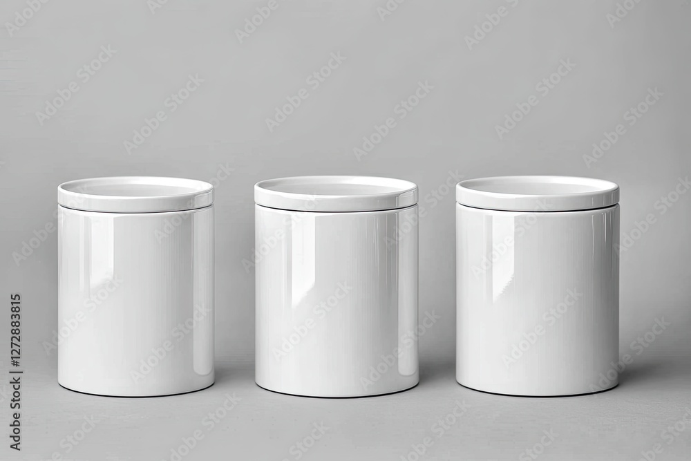 White ceramic canisters, studio shot, gray background, kitchen storage White ceramic canisters, studio shot, gray background, kitchen storage