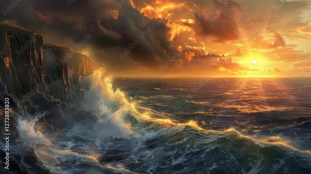 Fototapeta premium A dramatic coastal cliff with waves crashing against it and the setting sun in the background --ar 16:9 --v 6 Job ID: d66c50ab-a1cc-4aae-a5bd-e08e787a1020