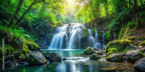 Waterfall cascading down rocks into a serene stream in a lush forest, lush greenery, natural beauty