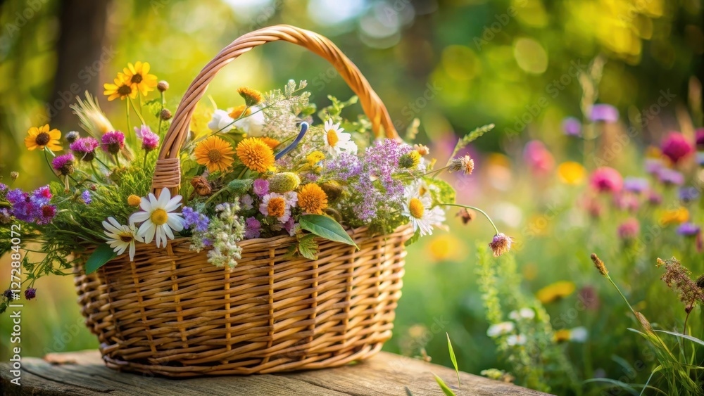 Close-up of a basket of beautiful wild flowers in a small wicker basket , natural, organic, natural, organic, rustic Close-up of a basket of beautiful wild flowers in a small wicker basket , natural, organic, natural, organic, rustic