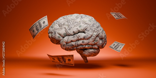 Human brain covered in dollar bills