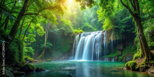 waterfall in serene forest, forest landscape, forest,  forest landscape, forest