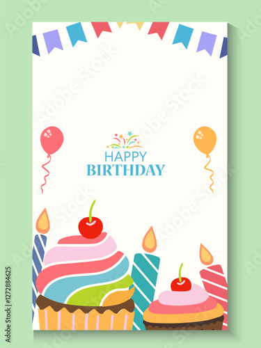 Happy birthday greeting card poster collection set, Birthday greeting template design with cupcake and colorful balloons decoration elements for party invitation card background.