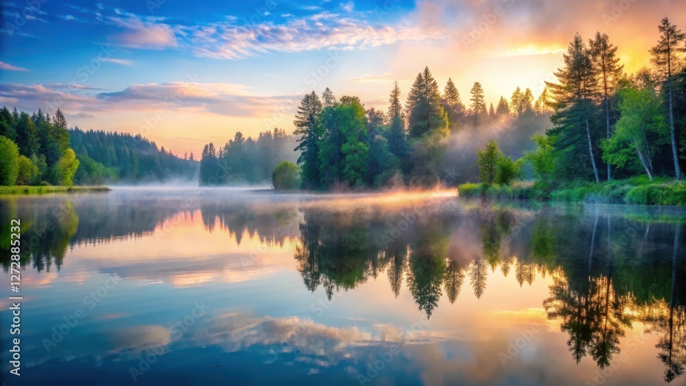 Obraz premium A serene lake at dawn with mist rising from the water's surface, surrounded by tall trees and lush greenery, dawn, mist