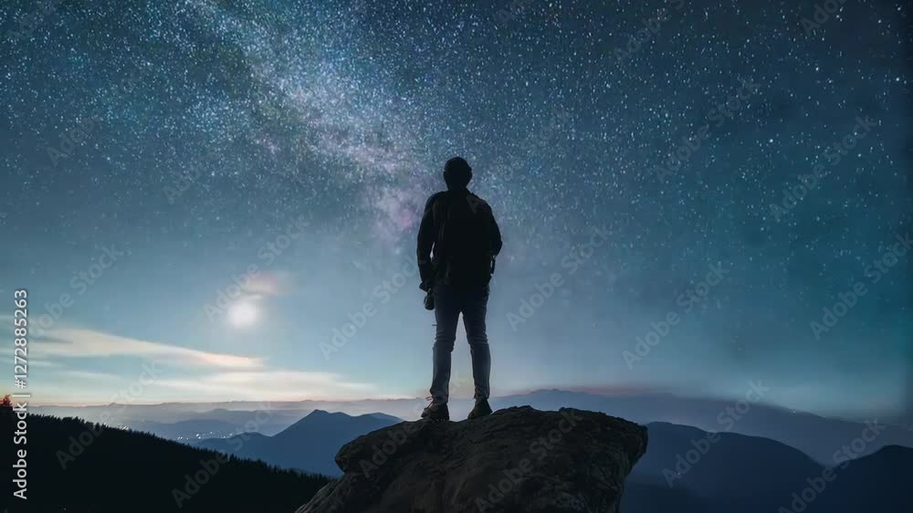 Silhouette of a Traveler Gazing at the Starry Night Sky standing on the hill Silhouette of a Traveler Gazing at the Starry Night Sky standing on the hill