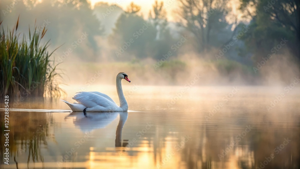 Fototapeta premium A lone swan paddles steadily across a still lake on a misty morning, its distinctive neck stretched out as it searches for food in the aquatic vegetation below , nature, wildlife