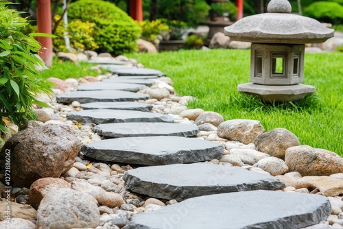 Wallpaper Mural Serene zen garden path with stone lantern and lush greenery inviting peaceful contemplation and mindful journey in tranquil setting Torontodigital.ca
