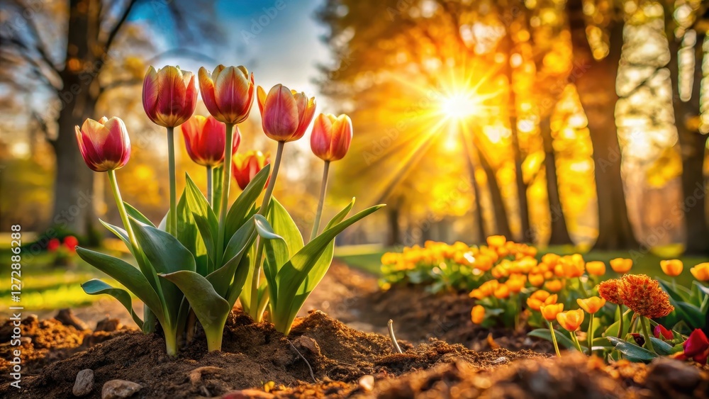 Vibrant tulip bulbs are being planted in a garden during autumn with golden sunlight filtering through trees and changing leaves on ground, outdoor, flowers Vibrant tulip bulbs are being planted in a garden during autumn with golden sunlight filtering through trees and changing leaves on ground, outdoor, flowers