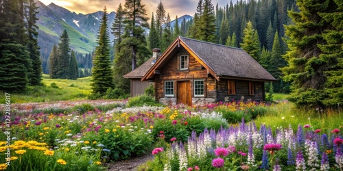 Cozy Alpine-style cottage nestled among vibrant wildflowers and towering trees in a serene forest setting, wooden cabin, nature escape photo