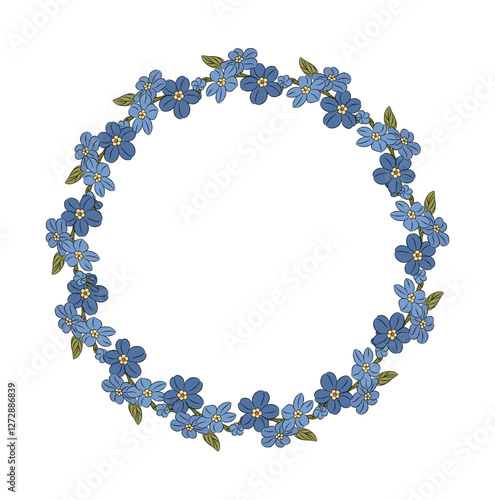 Floral wreath with blue forget me not flowers. Round frame botanical design element for greeting cards, invitations. Vector colorful outline hand drawing illustration isolated