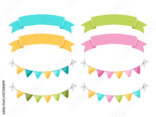 Cute and colorful ribbons and bunting flags in various colors. Perfect for party invitations, banners, and other festive designs. Children's theme. Vector illustration.